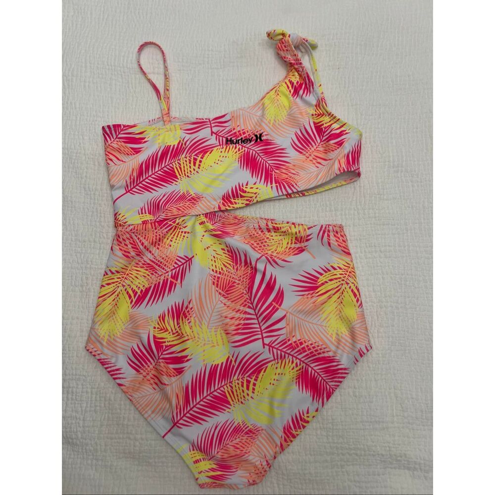 Hurley Girls Asymmetric Cutout Tropical Palm One-Piece Swimsuit Sail Size Small - Picture 4 of 7